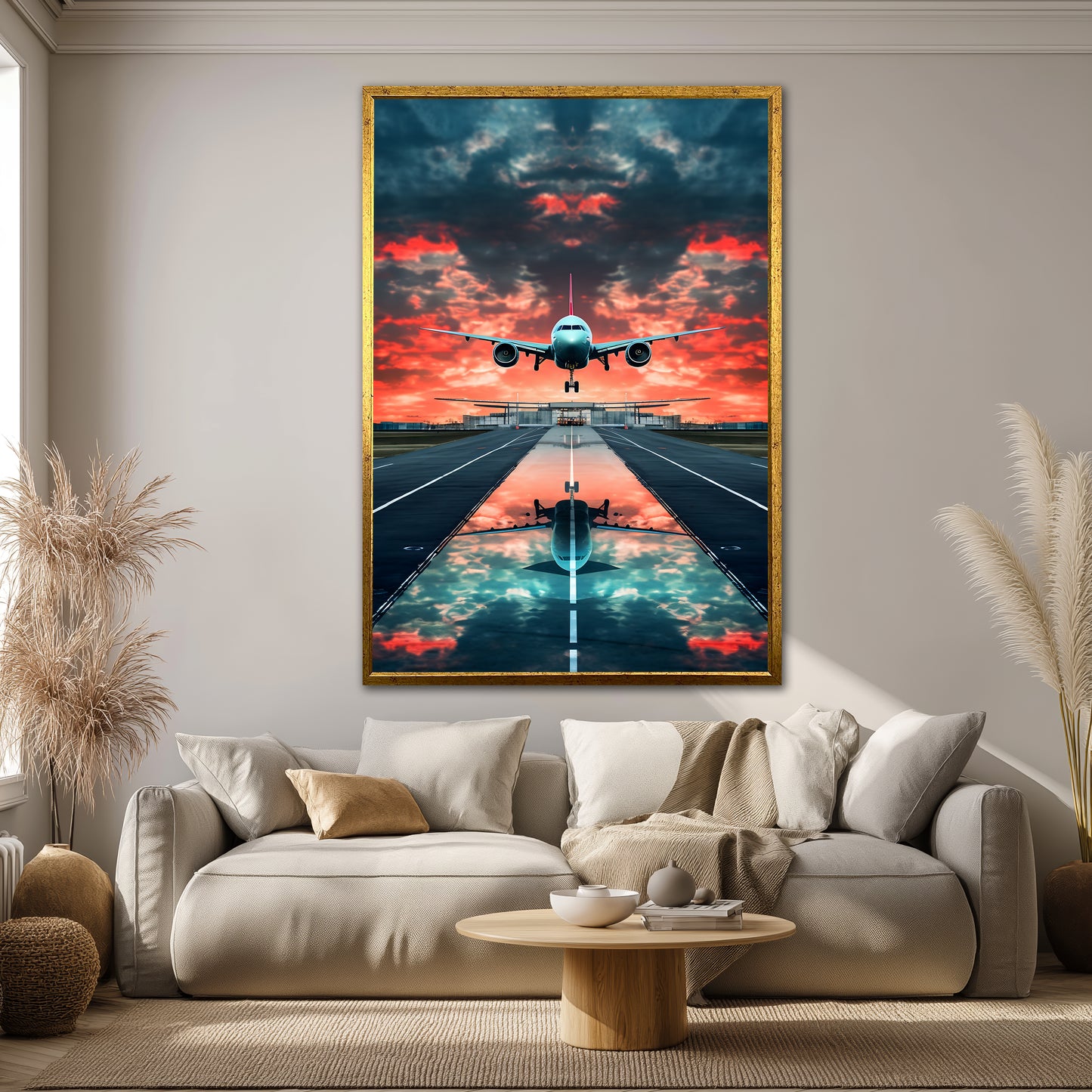Airplane Landing at Sunset Canvas Wall Art - Aviation Runway Landscape Print