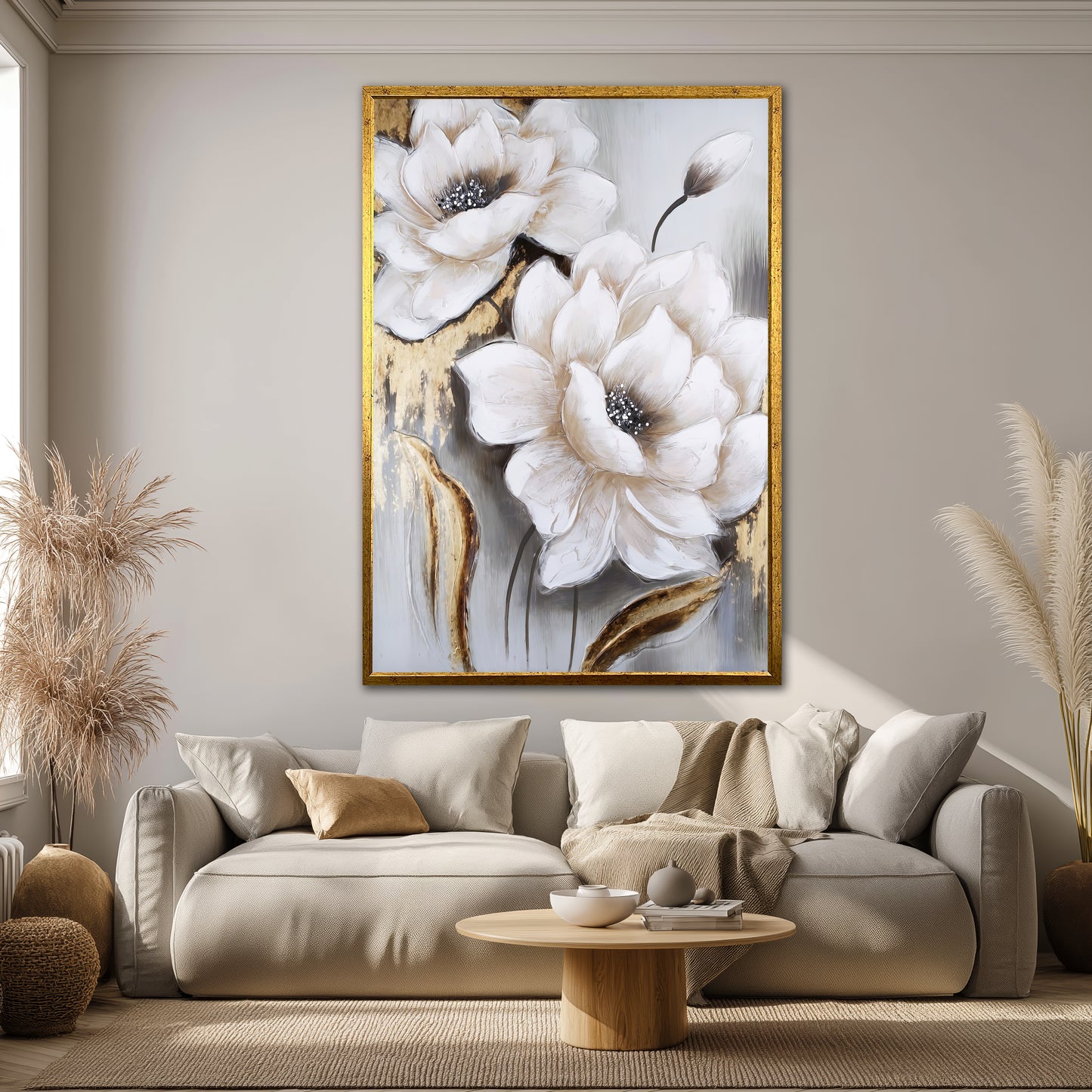 Gold Leaf White Flowers Canvas Art - Modern Abstract Floral Print