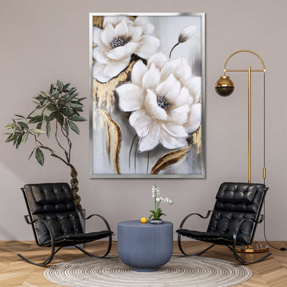 Gold Leaf White Flowers Canvas Art - Modern Abstract Floral Print