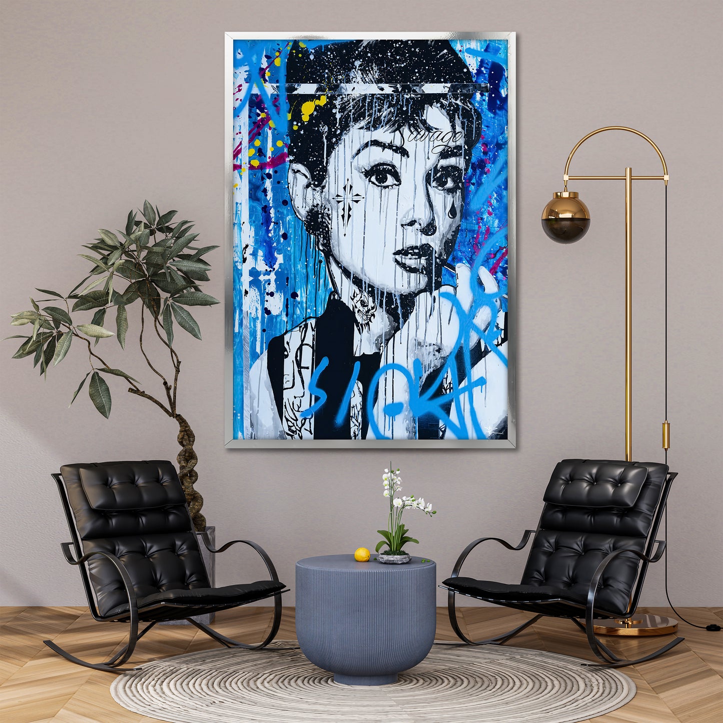 Blue Graffiti Audrey Hepburn Canvas Art - Edgy Pop Art Street Print
