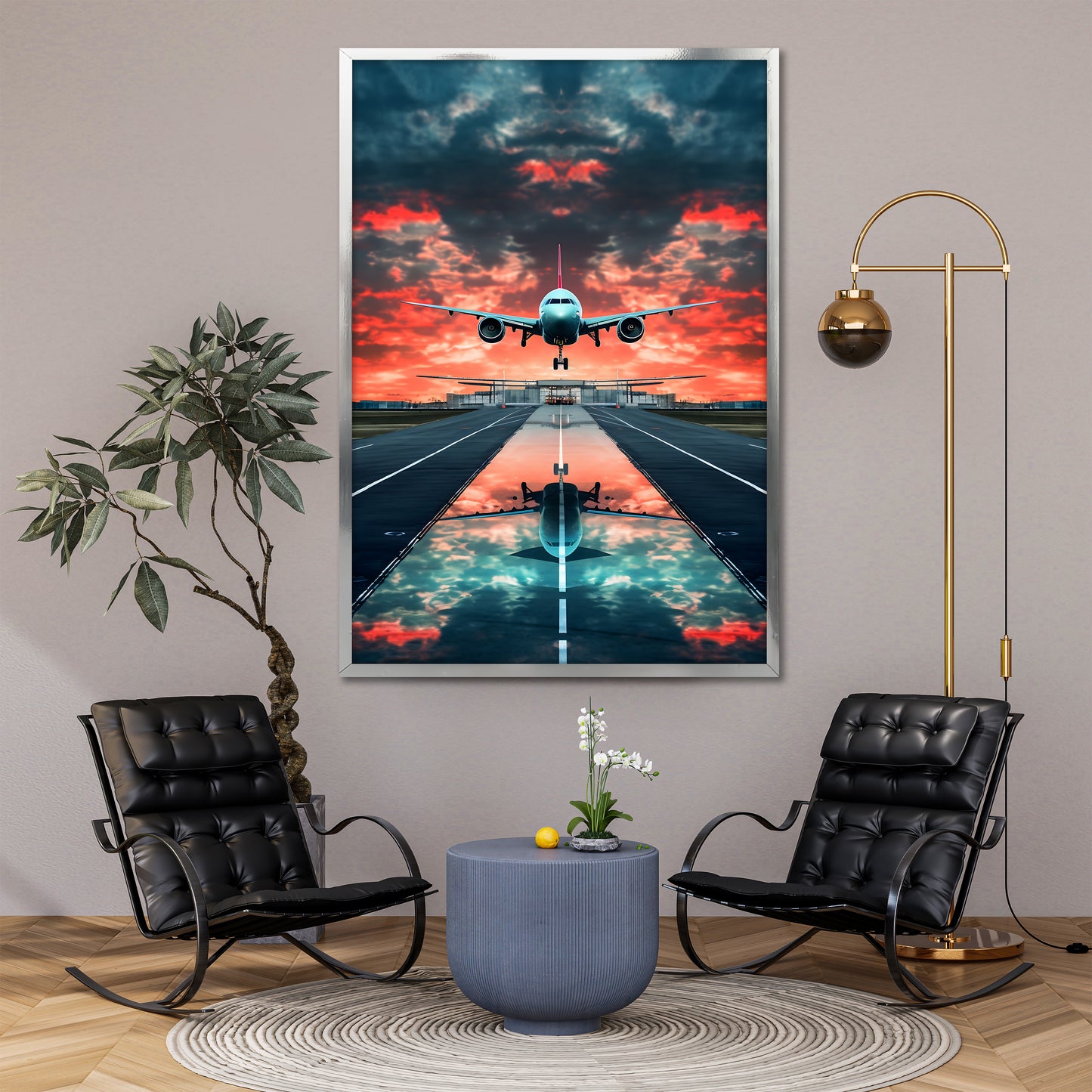 Airplane Landing at Sunset Canvas Wall Art - Aviation Runway Landscape Print