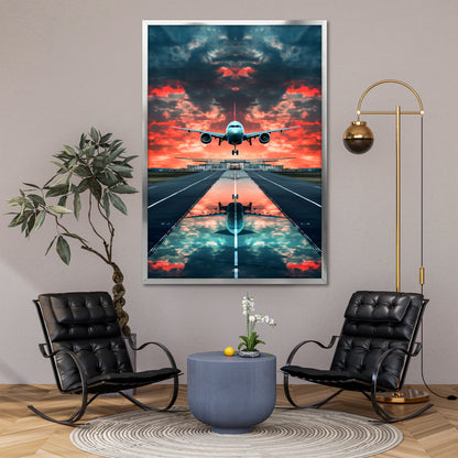 Airplane Landing at Sunset Canvas Wall Art - Aviation Runway Landscape Print