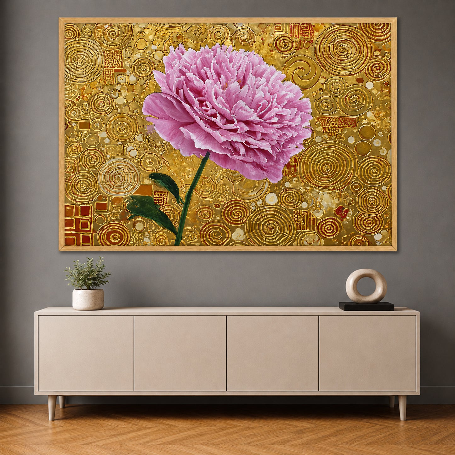 Pink Peony Klimt Style Canvas - Gold Abstract Floral Wall Art