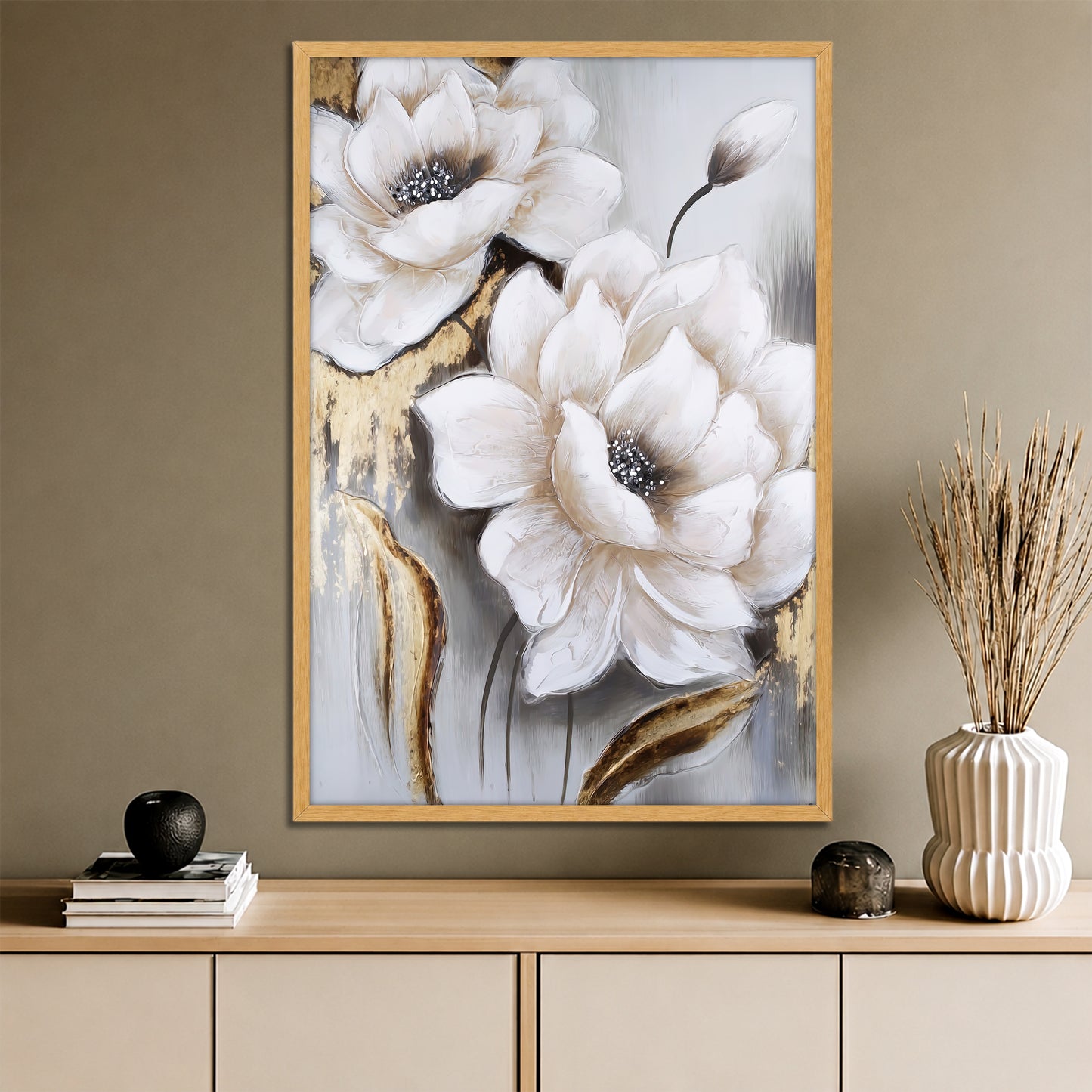 Gold Leaf White Flowers Canvas Art - Modern Abstract Floral Print