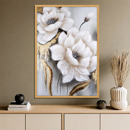 Gold Leaf White Flowers Canvas Art - Modern Abstract Floral Print