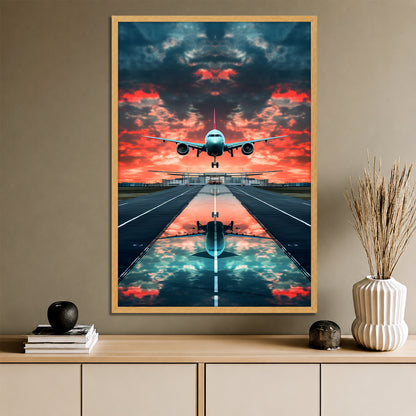 Airplane Landing at Sunset Canvas Wall Art - Aviation Runway Landscape Print