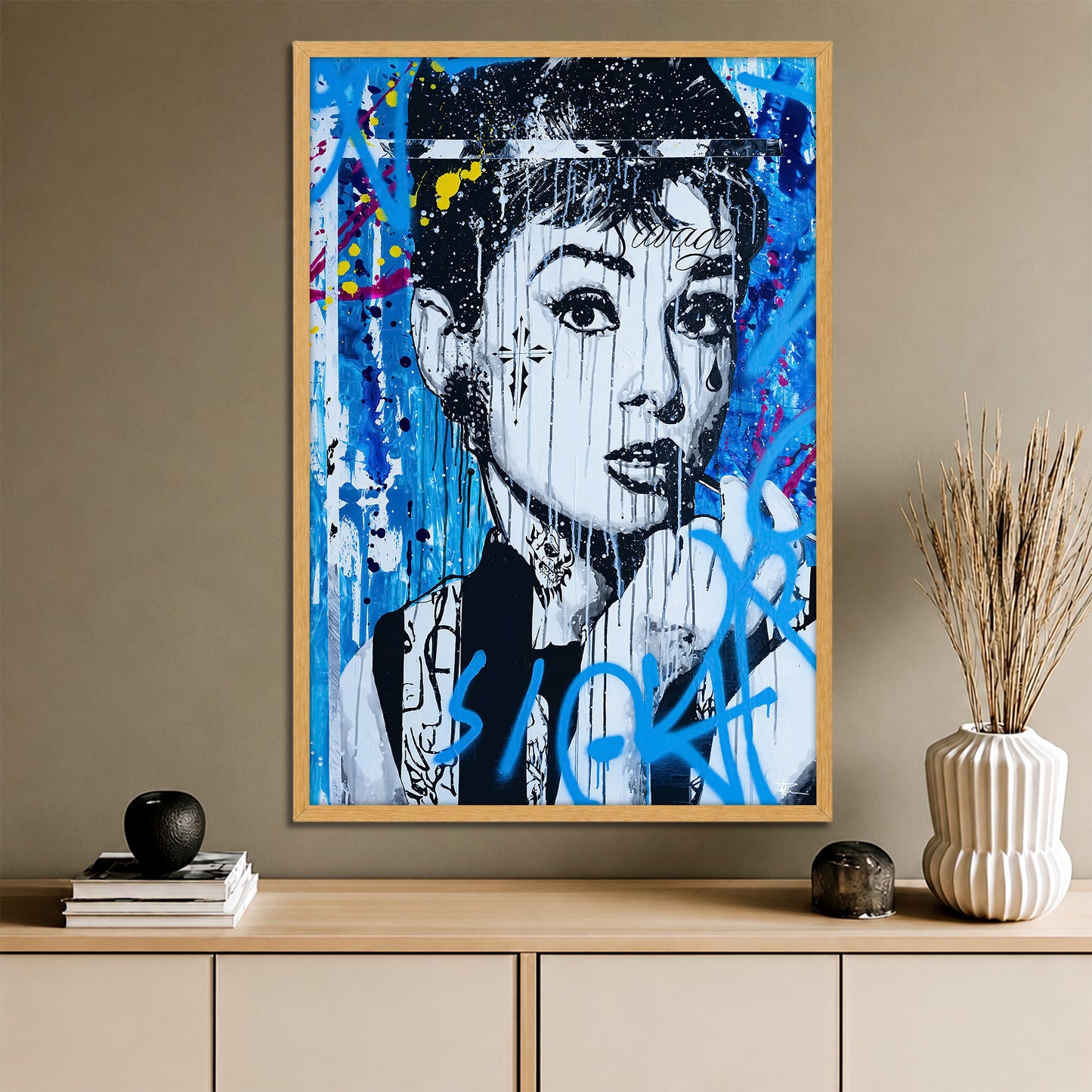 Blue Graffiti Audrey Hepburn Canvas Art - Edgy Pop Art Street Print