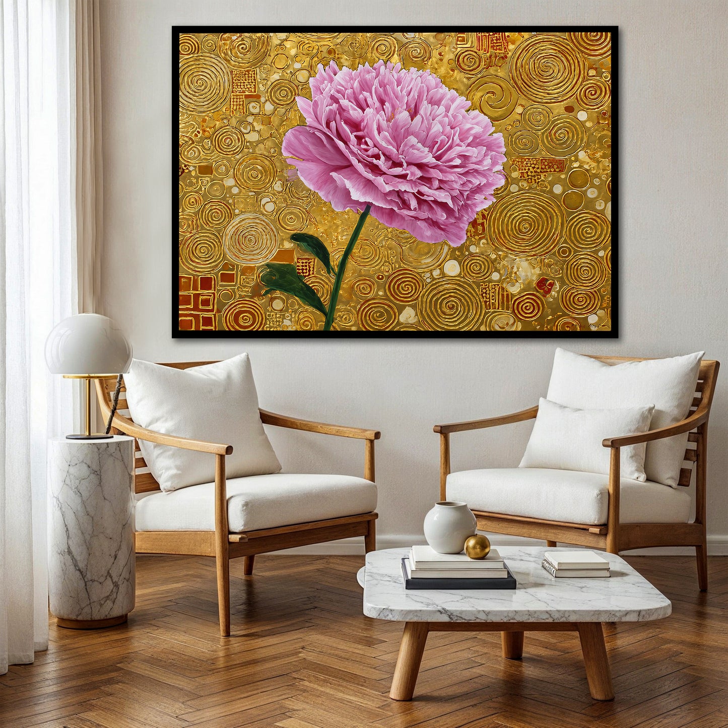 Pink Peony Klimt Style Canvas - Gold Abstract Floral Wall Art