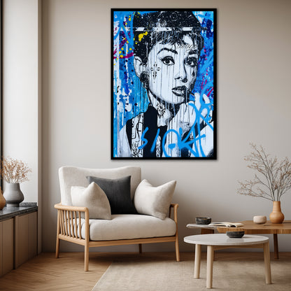 Blue Graffiti Audrey Hepburn Canvas Art - Edgy Pop Art Street Print