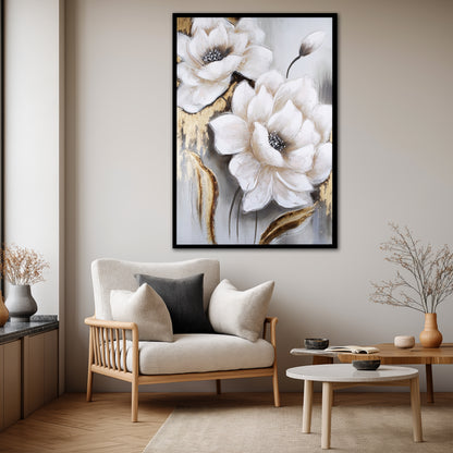 Gold Leaf White Flowers Canvas Art - Modern Abstract Floral Print