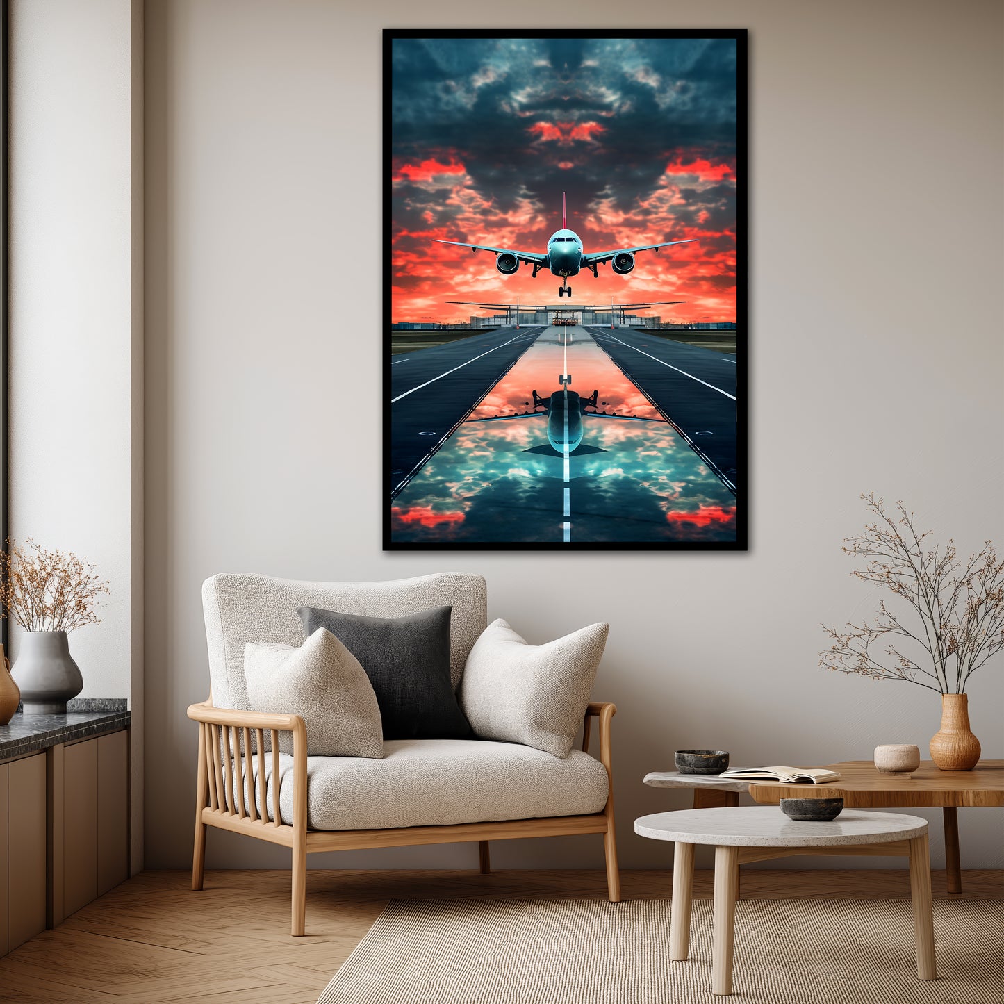 Airplane Landing at Sunset Canvas Wall Art - Aviation Runway Landscape Print