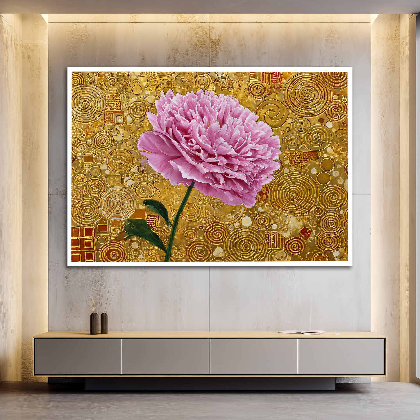 Pink Peony Klimt Style Canvas - Gold Abstract Floral Wall Art