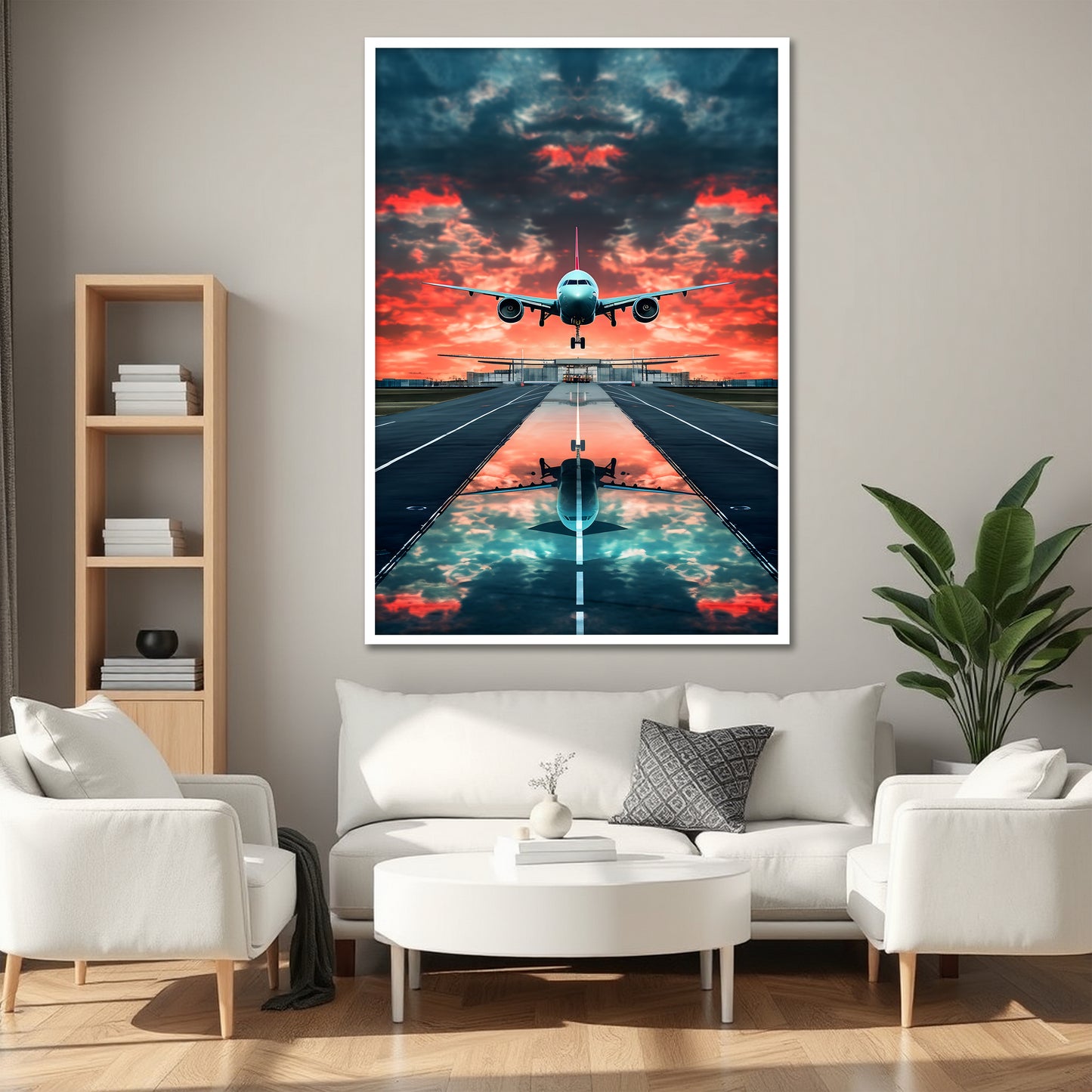 Airplane Landing at Sunset Canvas Wall Art - Aviation Runway Landscape Print