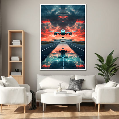 Airplane Landing at Sunset Canvas Wall Art - Aviation Runway Landscape Print