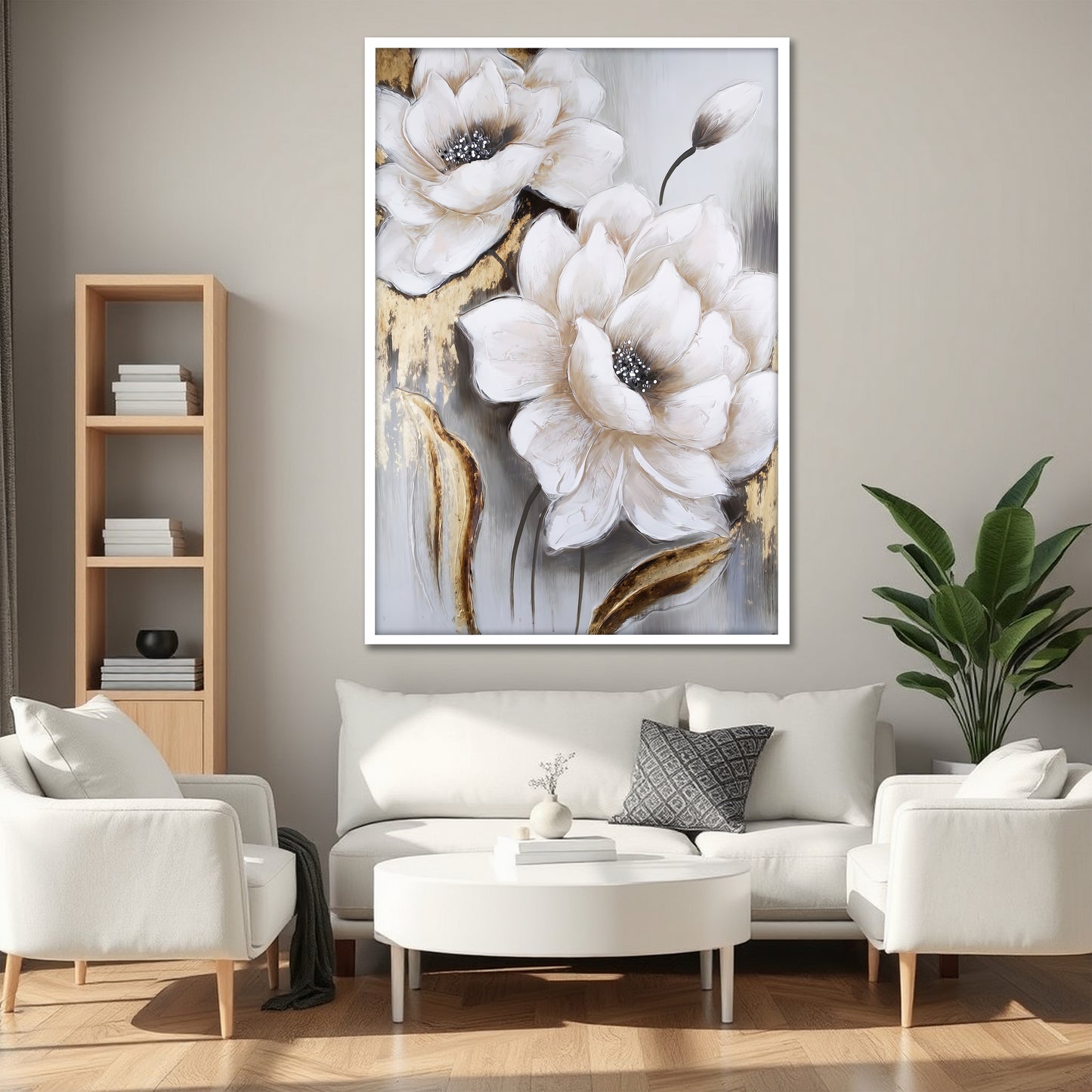 Gold Leaf White Flowers Canvas Art - Modern Abstract Floral Print