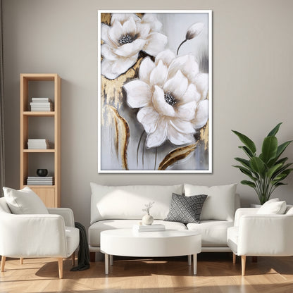 Gold Leaf White Flowers Canvas Art - Modern Abstract Floral Print