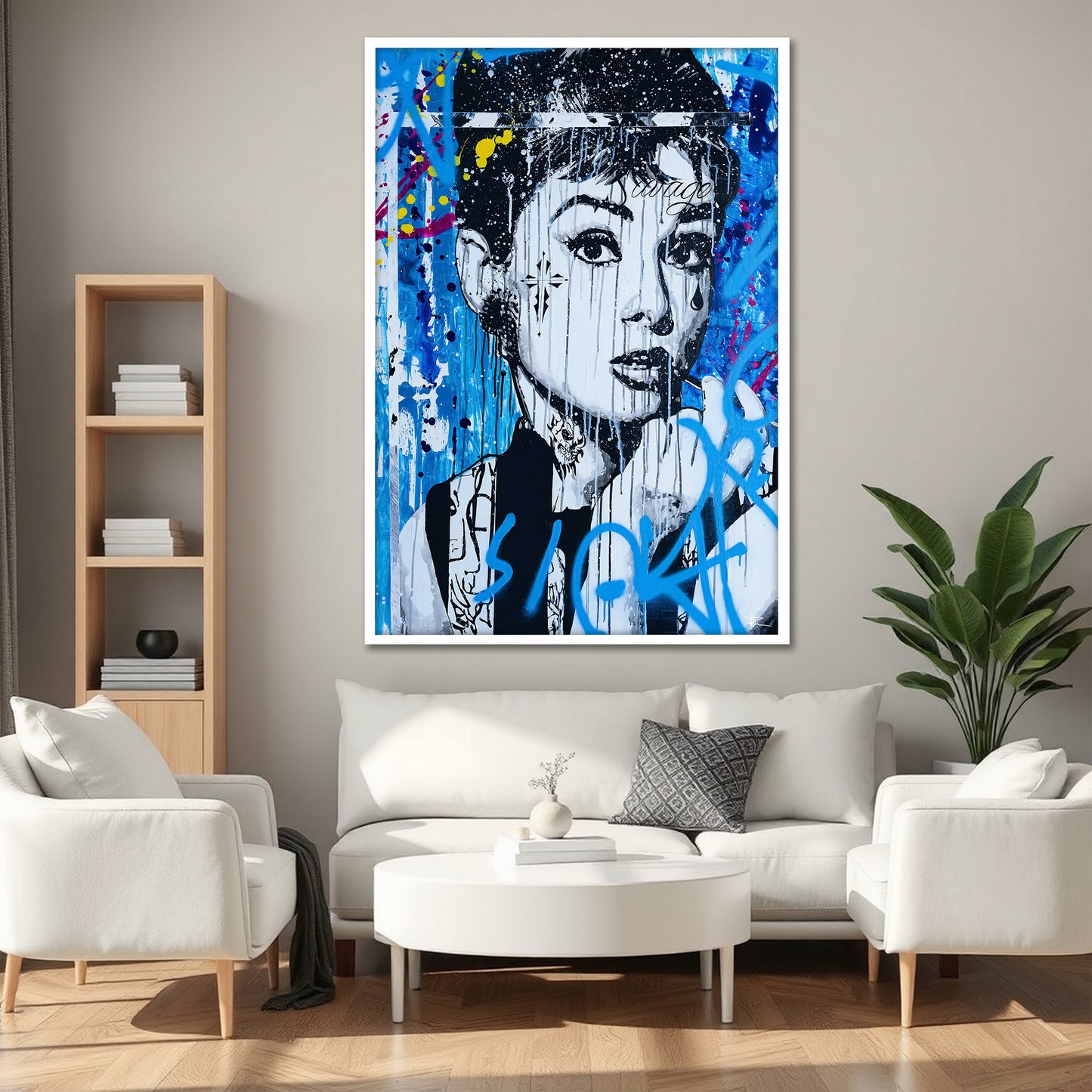 Blue Graffiti Audrey Hepburn Canvas Art - Edgy Pop Art Street Print