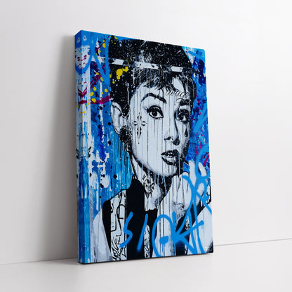 Blue Graffiti Audrey Hepburn Canvas Art - Edgy Pop Art Street Print