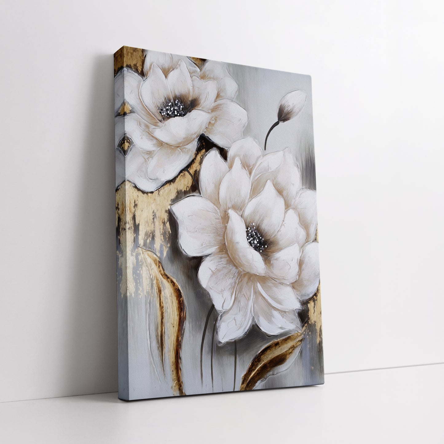 Gold Leaf White Flowers Canvas Art - Modern Abstract Floral Print