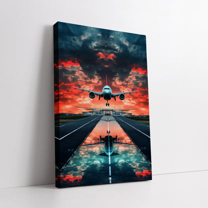 Airplane Landing at Sunset Canvas Wall Art - Aviation Runway Landscape Print
