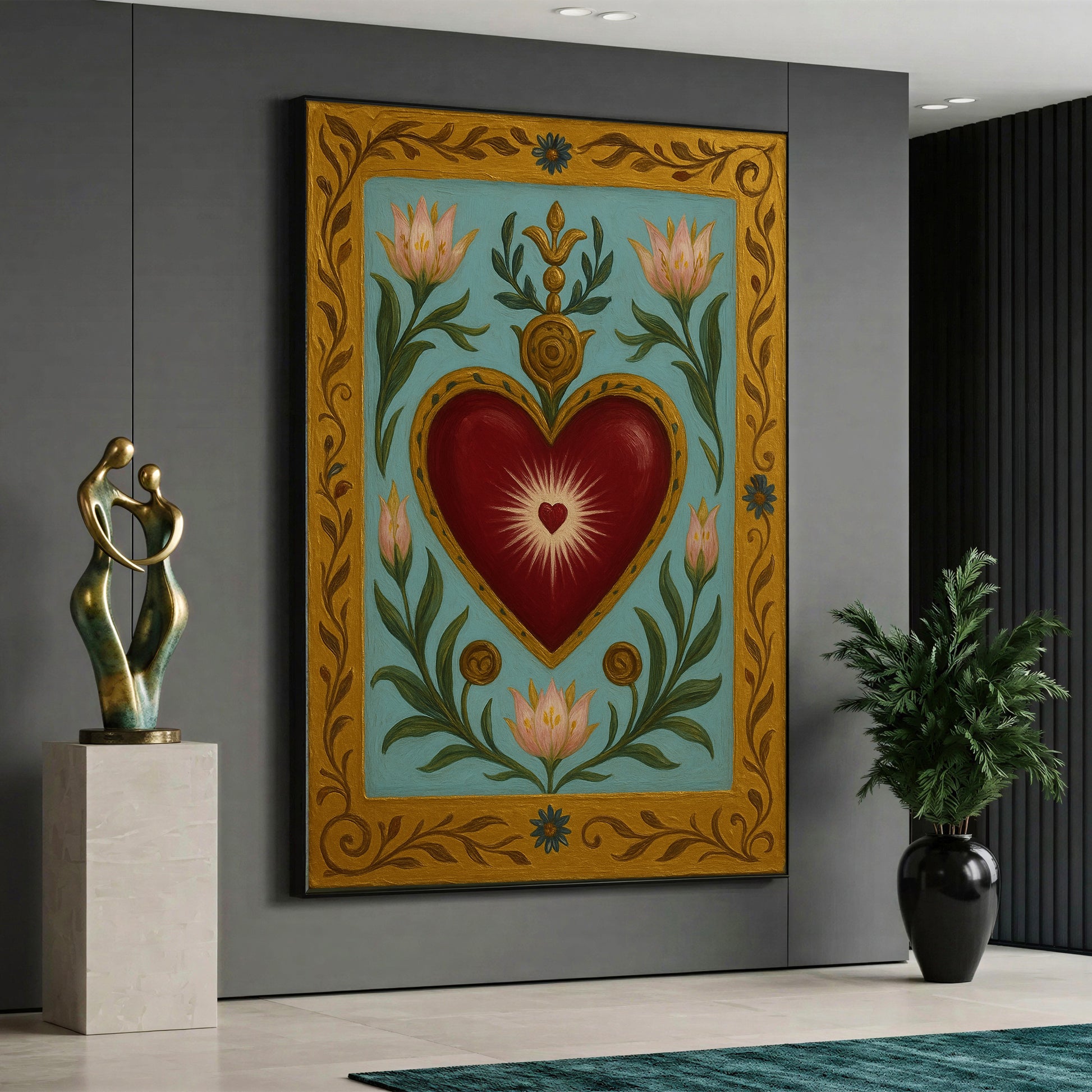 A canvas print featuring a large red sacred heart design with pink flowers and a gold ornamental border on a turquoise background.