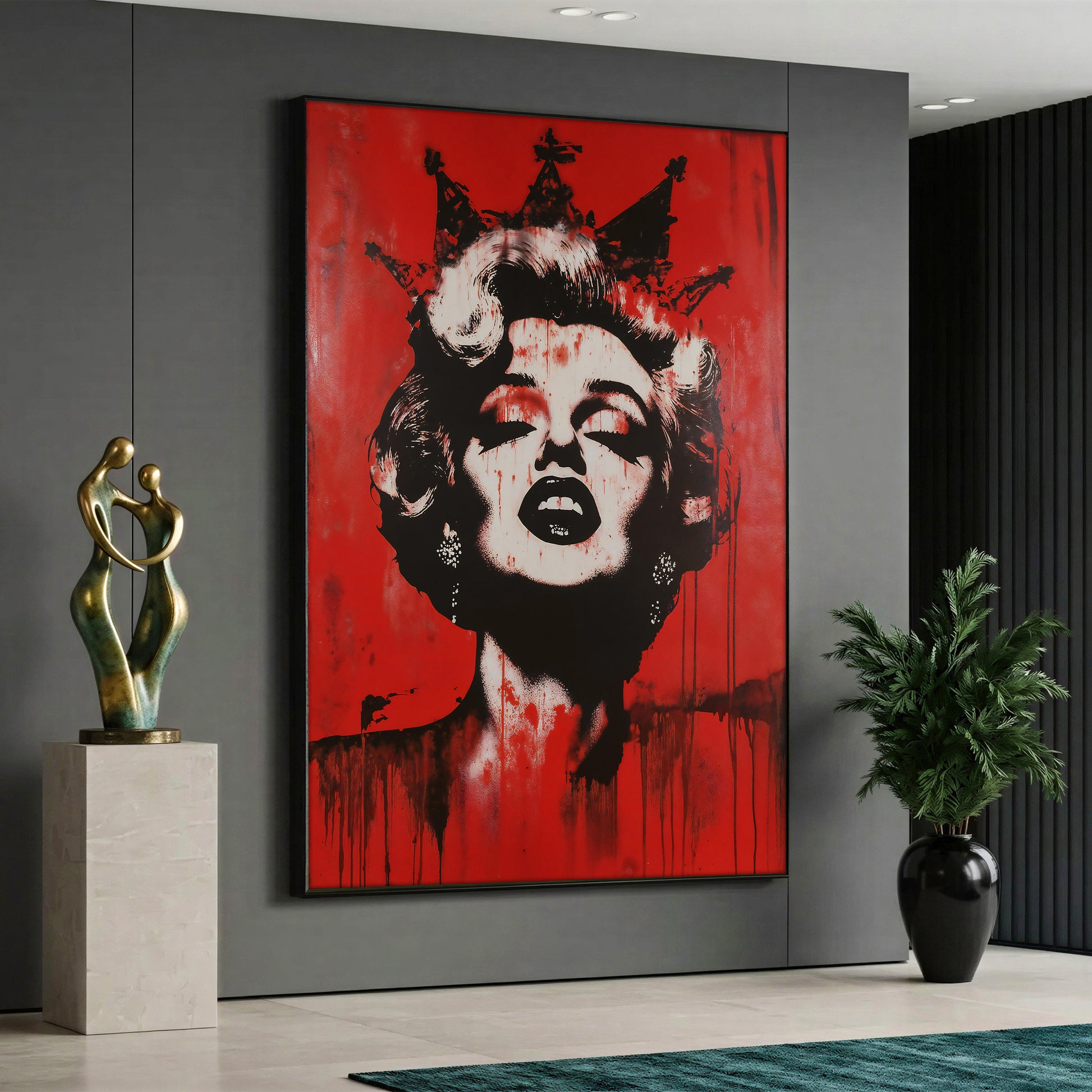 A pop art style canvas painting depicting a monochrome black and white portrait of Marilyn Monroe wearing a black gothic crown with her eyes closed, set against a vibrant red and black dripping paint background.