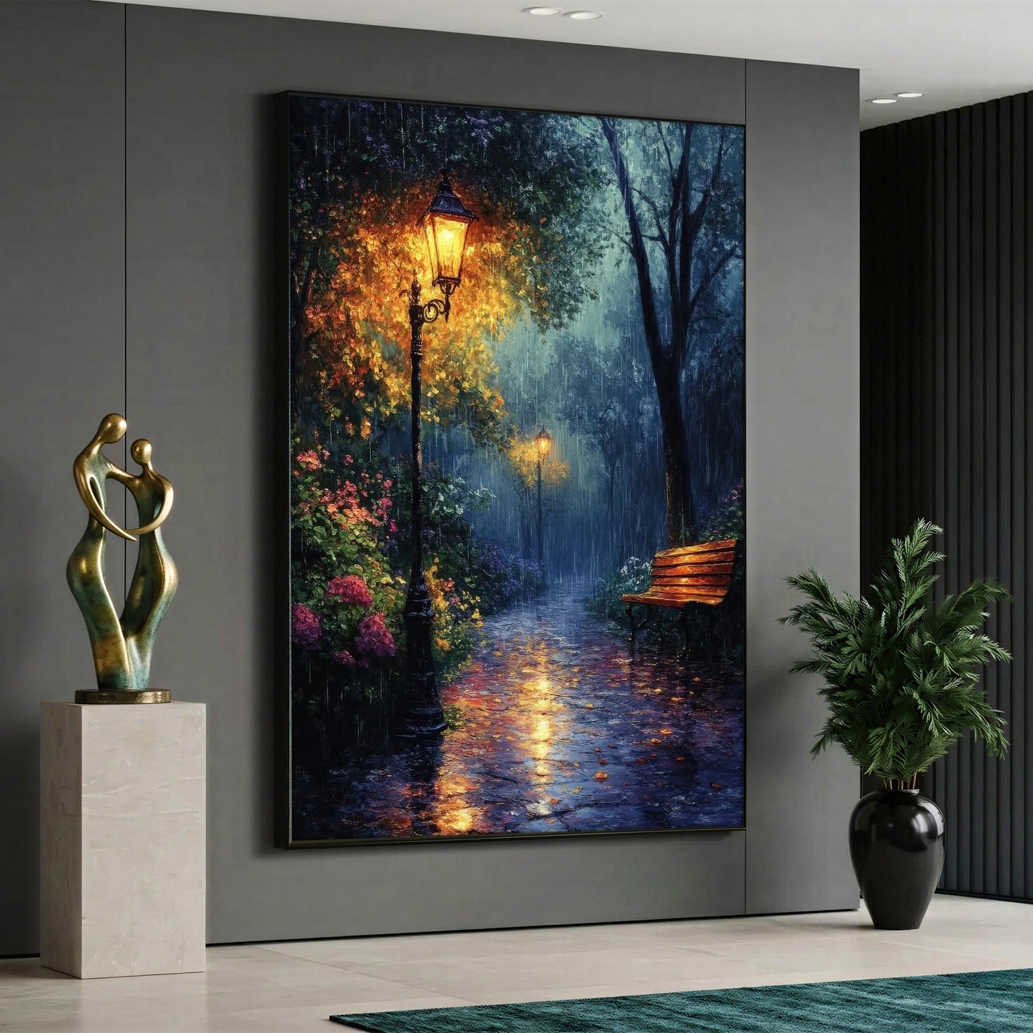 Vertical canvas wall art displaying a romantic rainy night in a park, featuring a glowing vintage street lamp, an empty wooden bench, and vibrant reflections on the wet walkway.