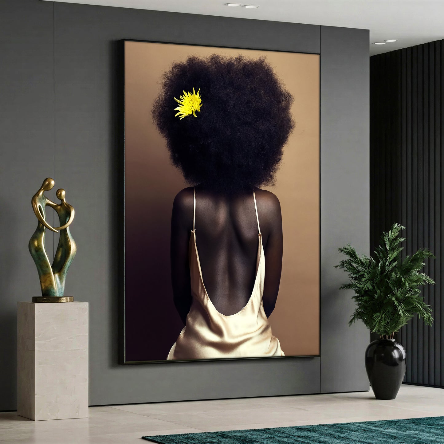 A high-quality canvas print featuring the back view of a black woman with a large afro hairstyle and a yellow flower, wearing a champagne satin dress against a soft beige background.