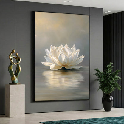 Large vertical canvas print featuring a majestic white lotus flower blooming on calm water with soft reflections, displayed in a luxury modern dark grey interior.