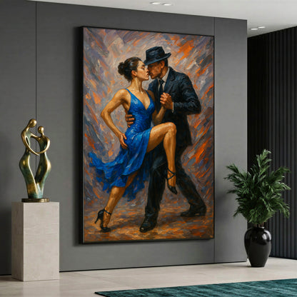 A high-quality artistic canvas print showcasing a passionate couple dancing tango, with a woman in a vibrant blue dress and a man in a black suit, featuring thick oil painting brush strokes.