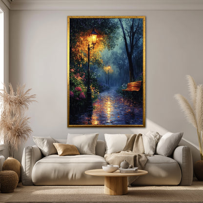 Rainy Night Park Walkway Canvas Wall Art - Cozy Autumn Decor