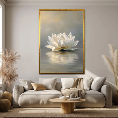 White Lotus Flower Canvas Wall Art - Elegant Water Lily Painting