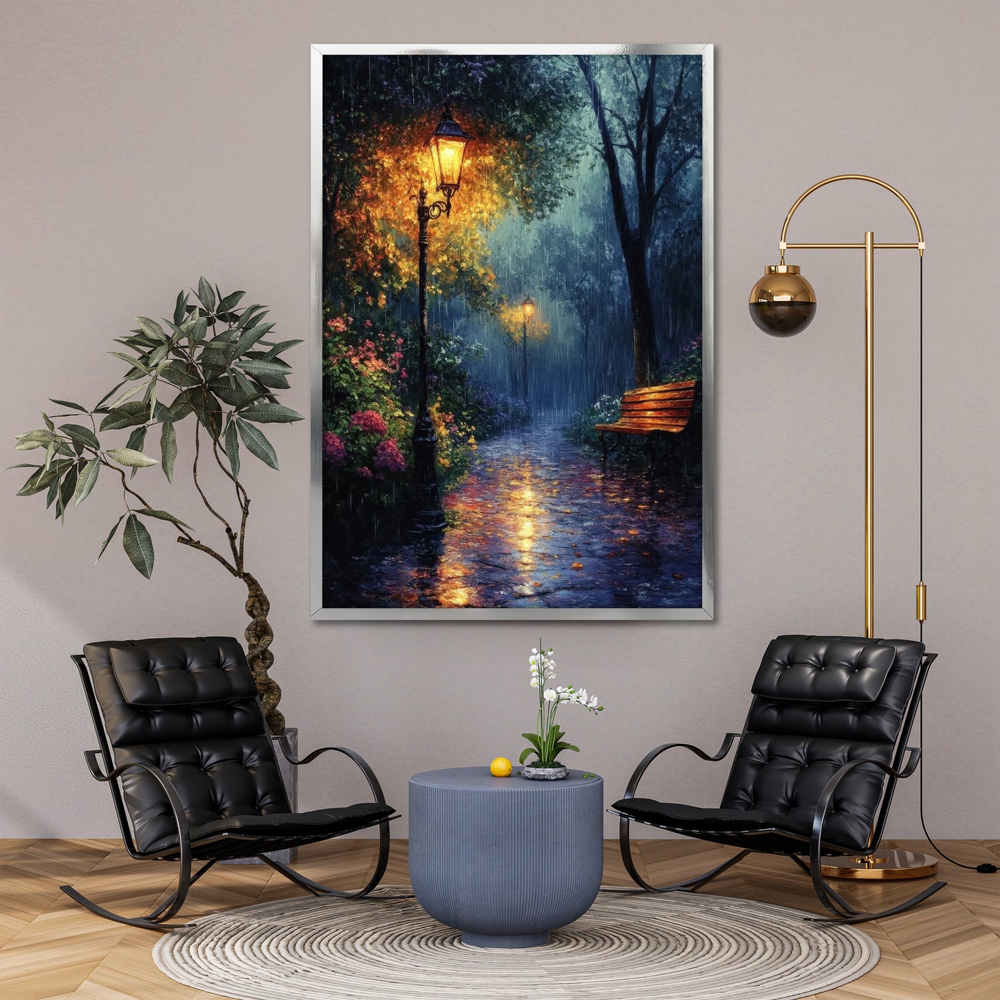 Rainy Night Park Walkway Canvas Wall Art - Cozy Autumn Decor