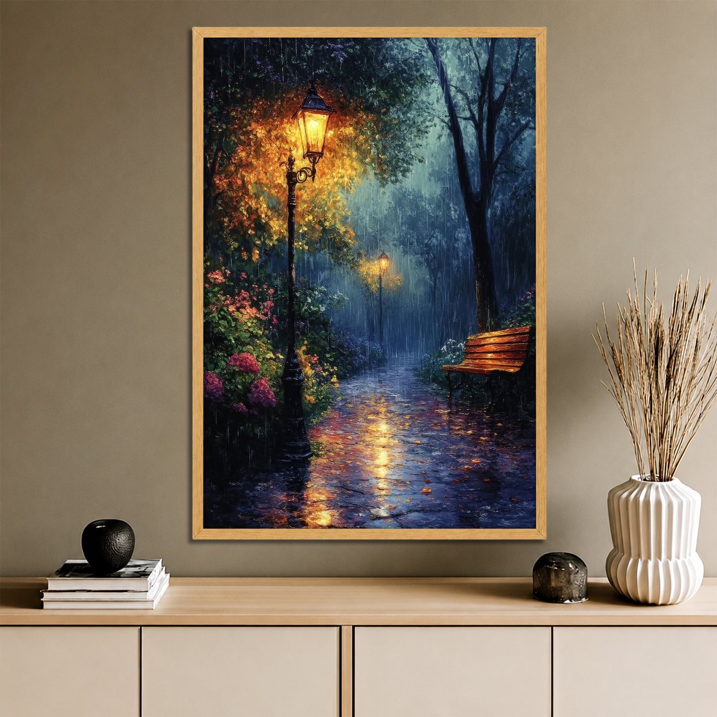 Rainy Night Park Walkway Canvas Wall Art - Cozy Autumn Decor