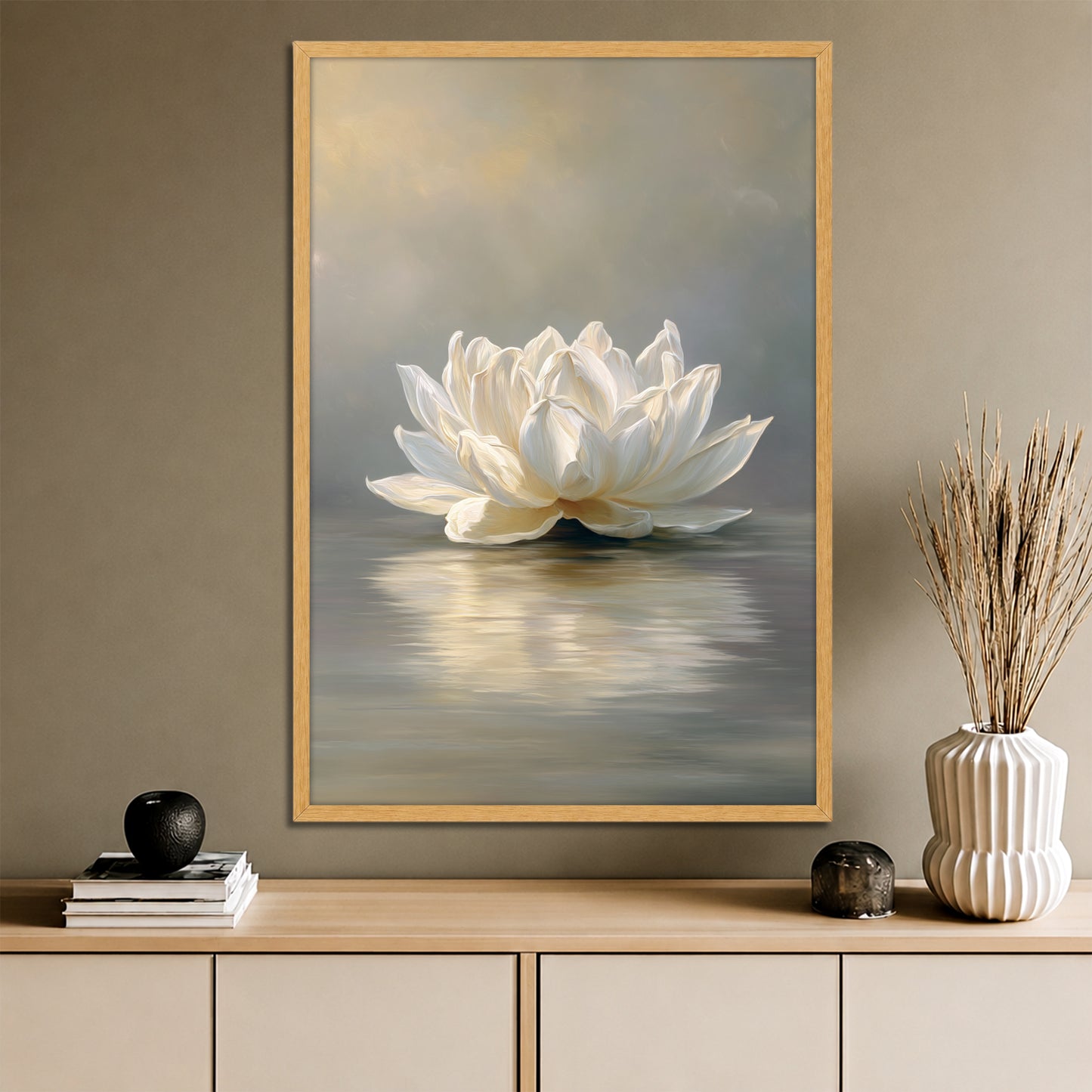 White Lotus Flower Canvas Wall Art - Elegant Water Lily Painting