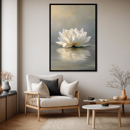 White Lotus Flower Canvas Wall Art - Elegant Water Lily Painting