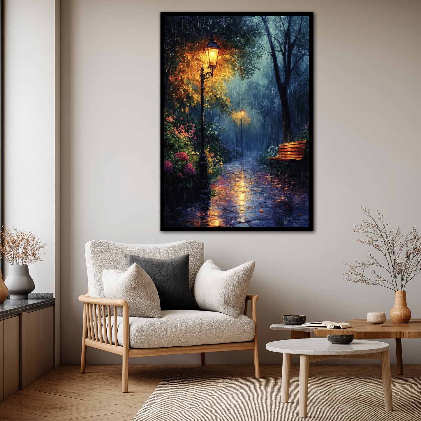 Rainy Night Park Walkway Canvas Wall Art - Cozy Autumn Decor