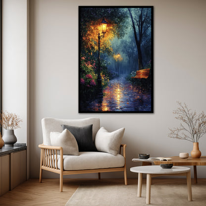 Rainy Night Park Walkway Canvas Wall Art - Cozy Autumn Decor