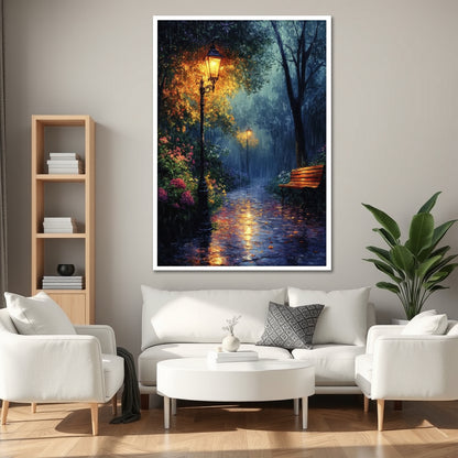 Rainy Night Park Walkway Canvas Wall Art - Cozy Autumn Decor