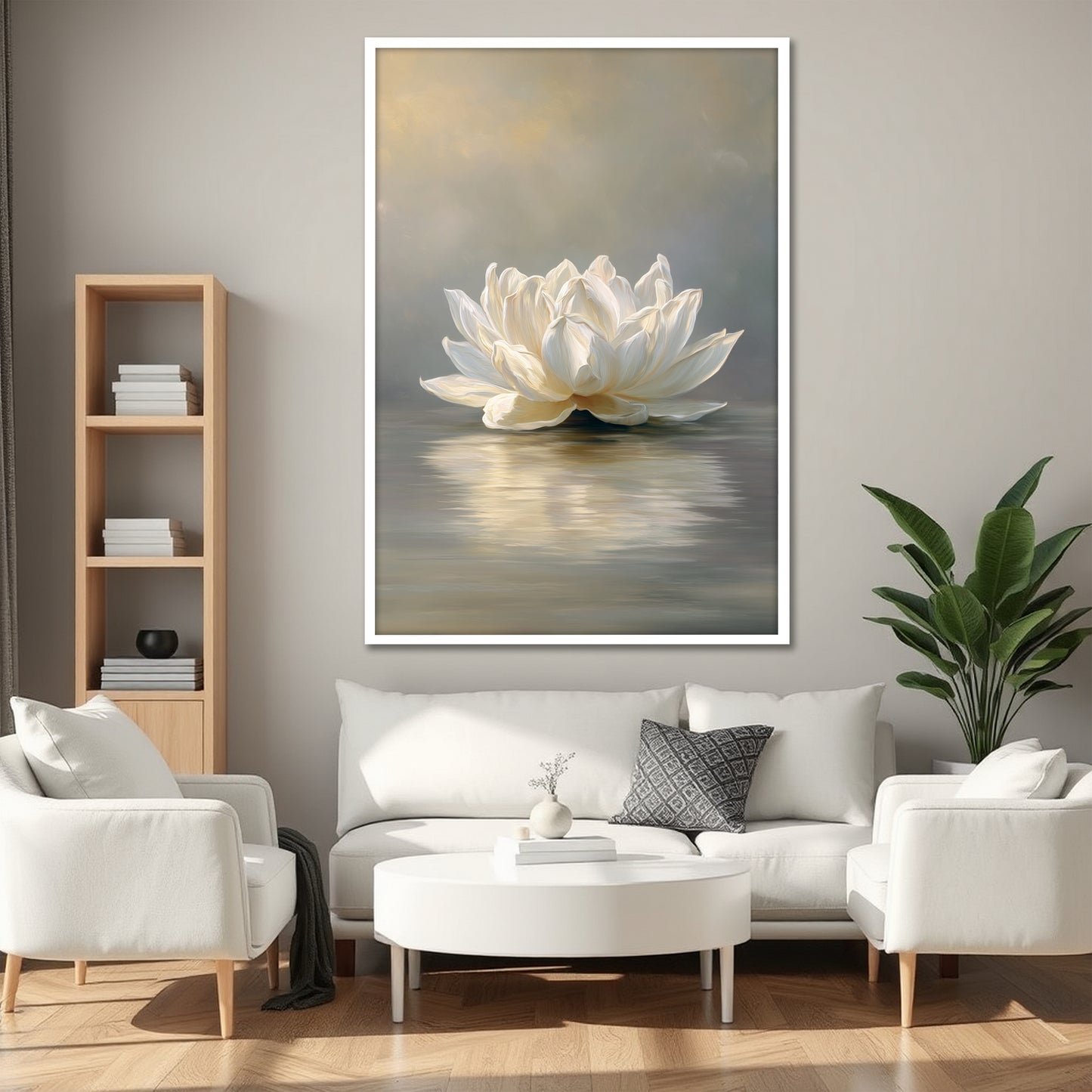 White Lotus Flower Canvas Wall Art - Elegant Water Lily Painting