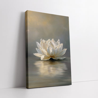 White Lotus Flower Canvas Wall Art - Elegant Water Lily Painting