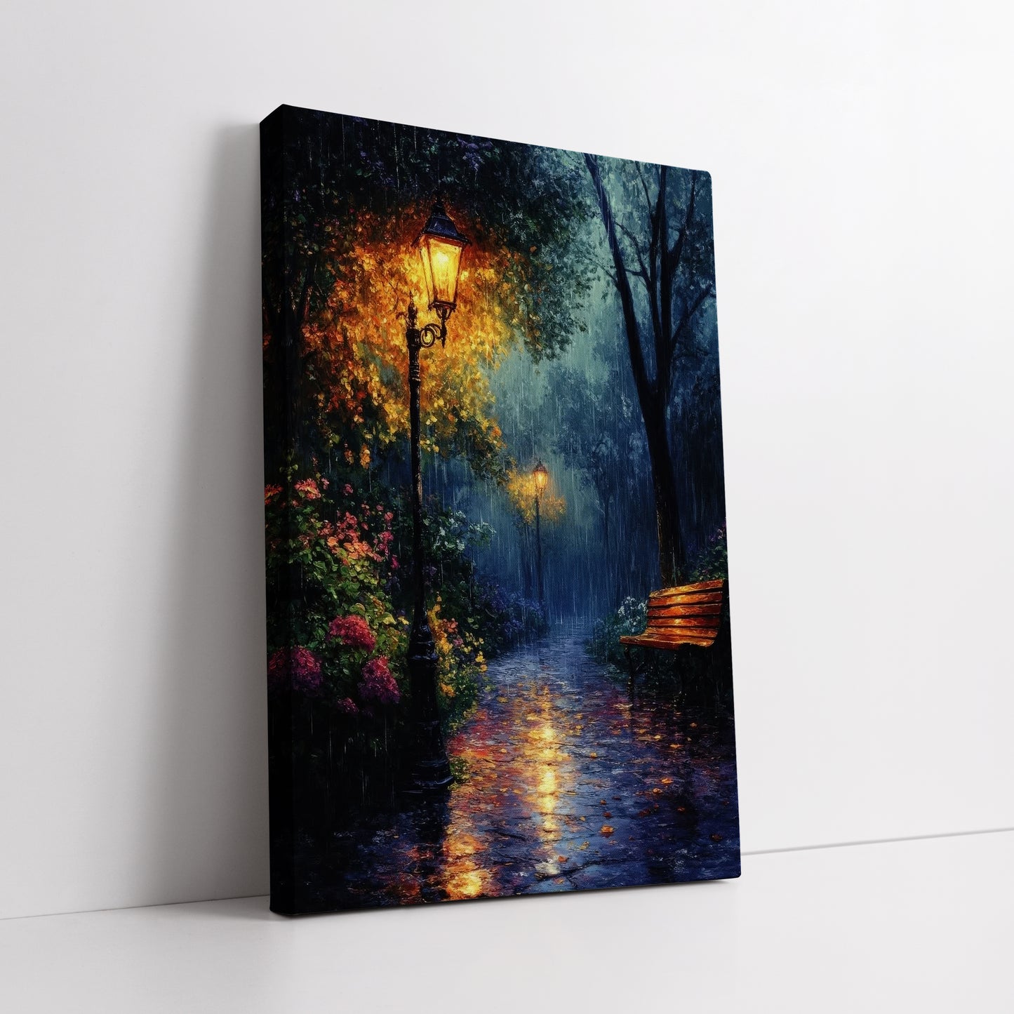 Rainy Night Park Walkway Canvas Wall Art - Cozy Autumn Decor