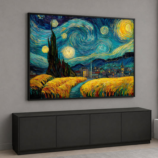 Van Gogh's Starry Night style canvas painting featuring a swirling blue night sky, glowing yellow stars, a large cypress tree, and a golden wheat field in oil painting style.