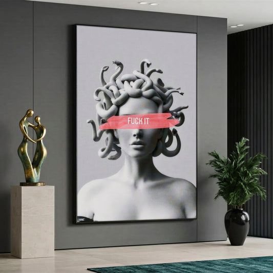 A modern pop art canvas painting depicting a monochrome black and white portrait of the ancient Greek Medusa statue with snake hair, featuring a pink brush stroke over her eyes with the text "Fuck It" against a light grey background.