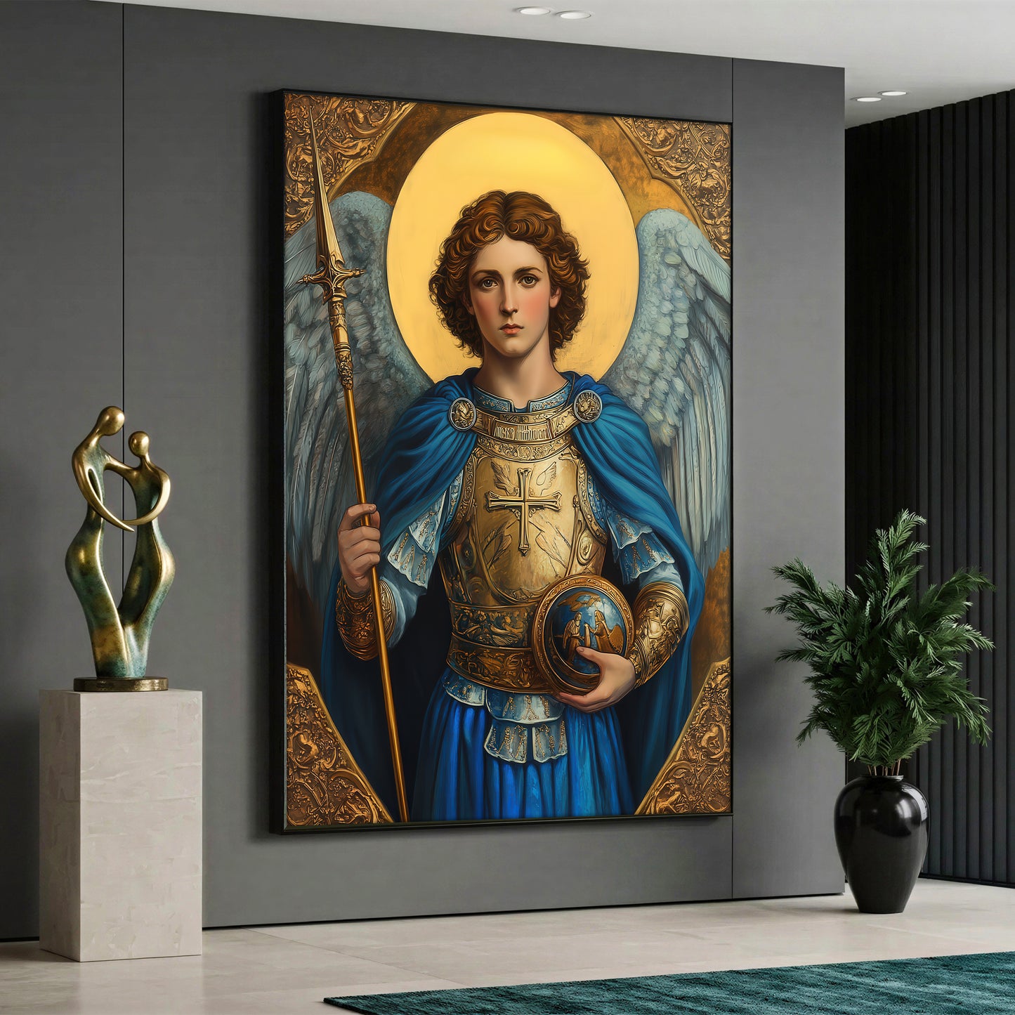 A canvas print depicting the figure of Archangel Michael wearing golden armor and a blue robe.