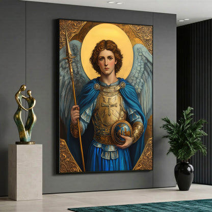 A canvas print depicting the figure of Archangel Michael wearing golden armor and a blue robe.