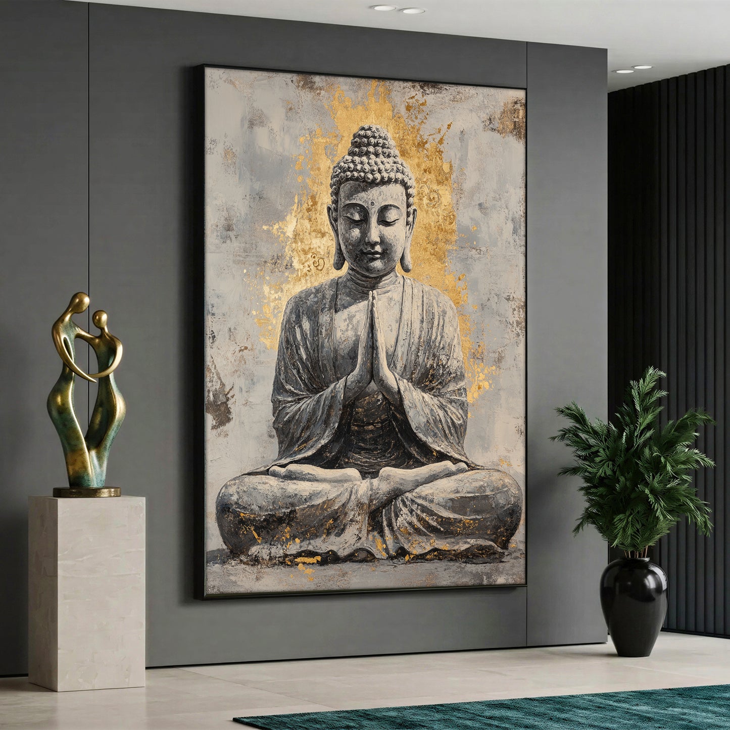 Canvas wall art featuring a sitting Buddha in meditation pose with gold splashes on a grey background
