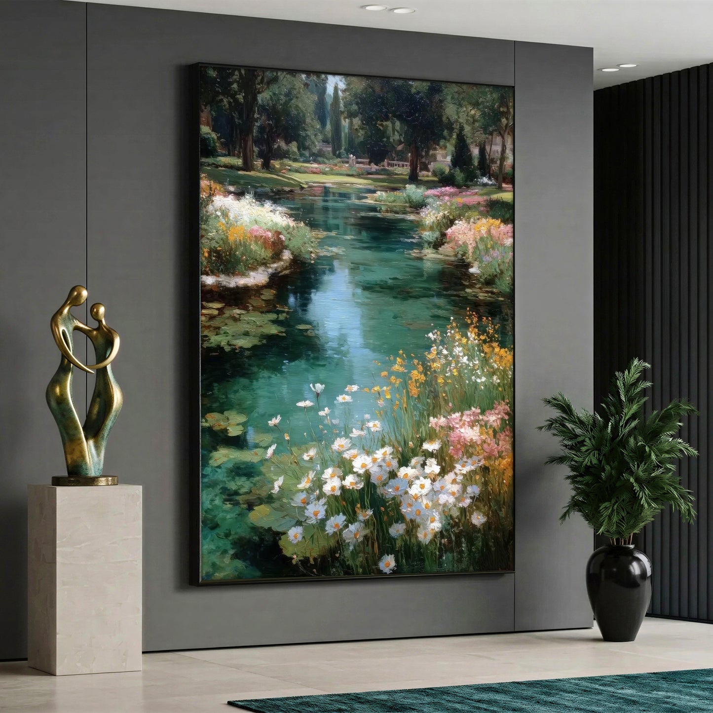 Vertical canvas wall art featuring a serene impressionist river landscape with white daisies, colorful wildflowers, clear turquoise water, and lush green trees in the background.