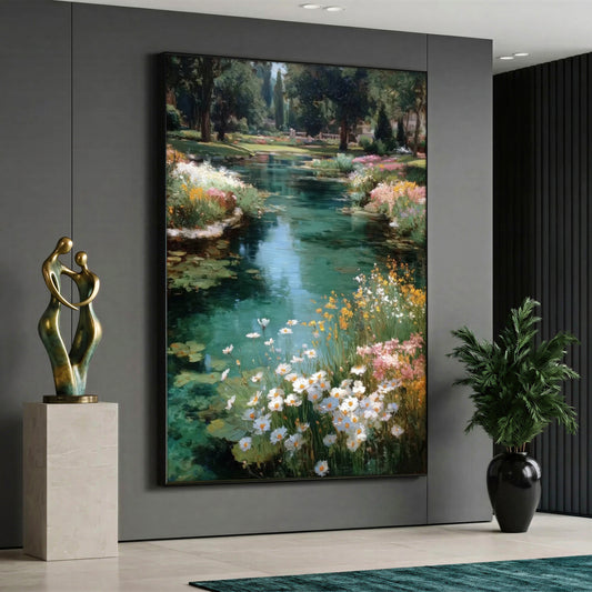 Vertical canvas wall art featuring a serene impressionist river landscape with white daisies, colorful wildflowers, clear turquoise water, and lush green trees in the background.