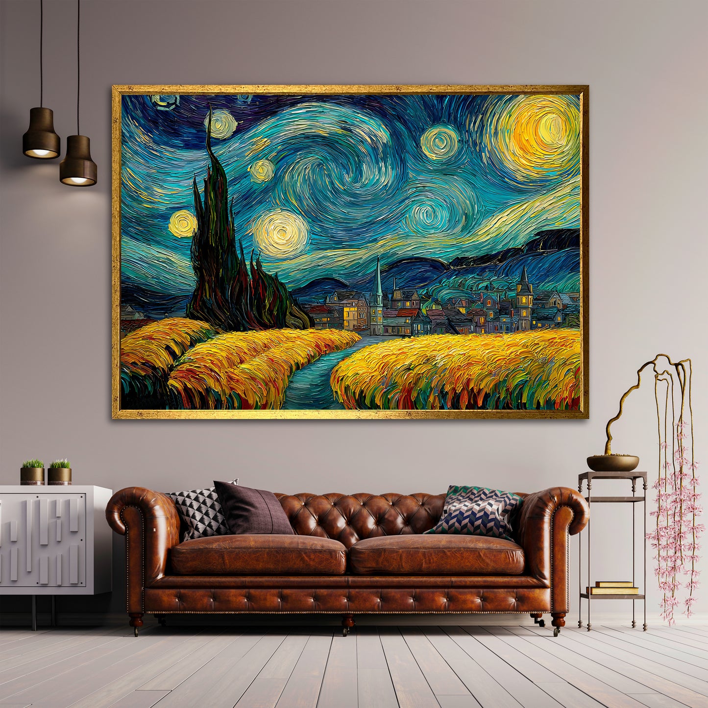 Van Gogh Starry Night Canvas Wall Art - Impressionist Wheat Field Painting